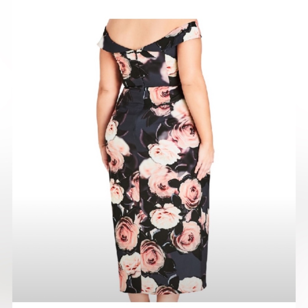 City Chic Black and Pink Floral Midi Off-the-Shoulder Dress - Picture 2 of 9
